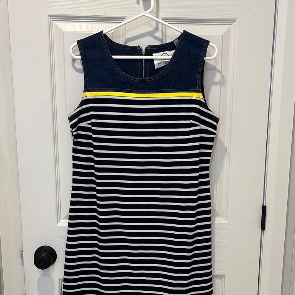 Navy and White Striped Dress with Yellow Accent